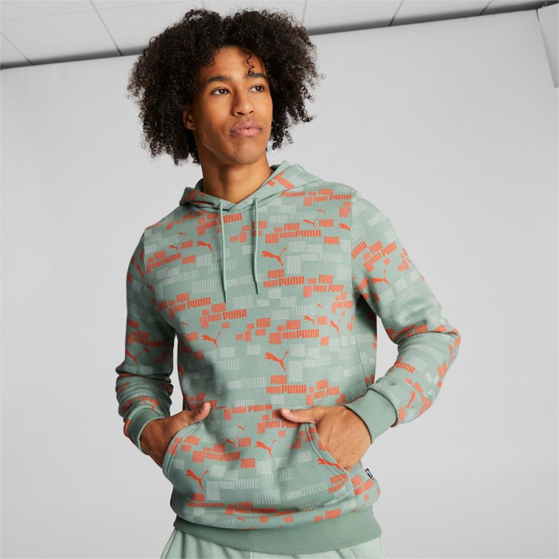 Puma | Men's ESS+ LOGO LAB Hoodie - Green Fog-Hot Heat-White