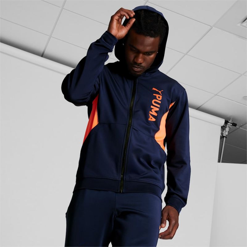 Puma | Men's Fit Double Knit Full-Zip Hoodie - Navy-Neon Sun