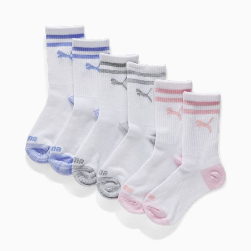 Puma | Girls Non-Terry Crew-Length Socks (3 Pack) - WHITE / PINK