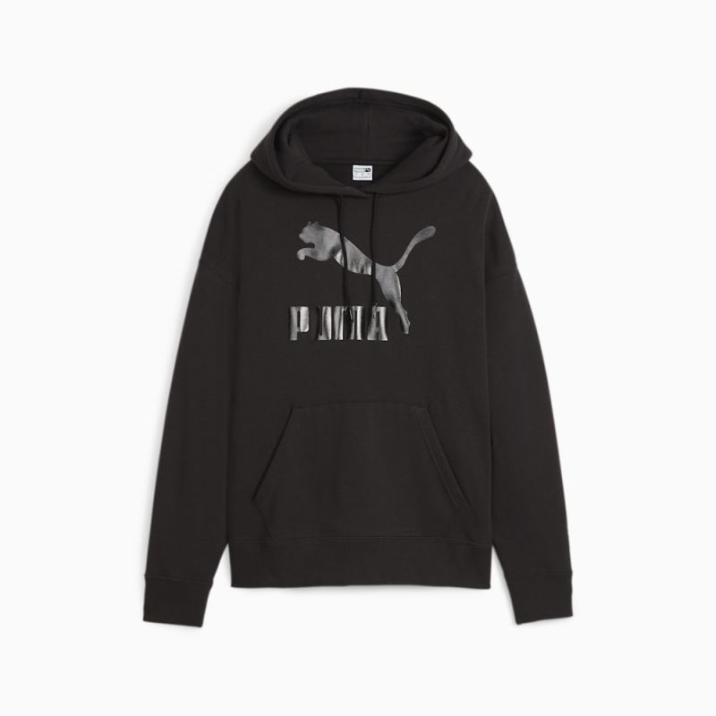 Puma | Women's CLASSICS Shiny Logo Hoodie - Black