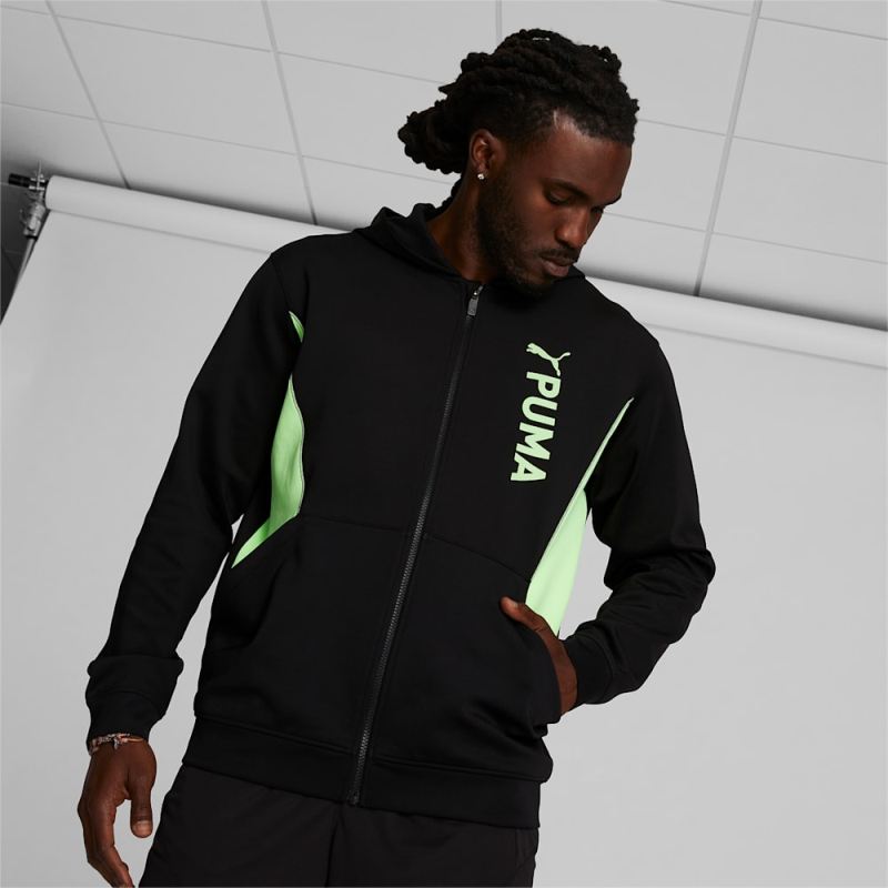 Puma | Men's Fit Double Knit Full-Zip Hoodie - Black-Speed Green