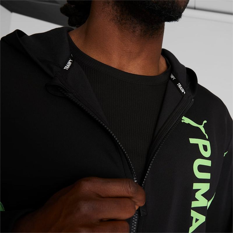 Puma | Men's Fit Double Knit Full-Zip Hoodie - Black-Speed Green