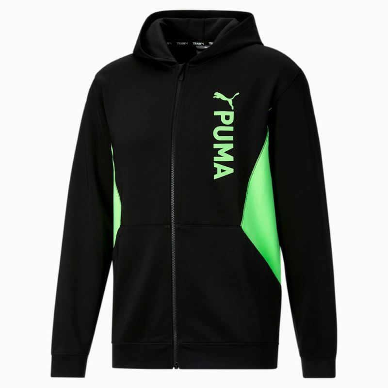 Puma | Men's Fit Double Knit Full-Zip Hoodie - Black-Speed Green