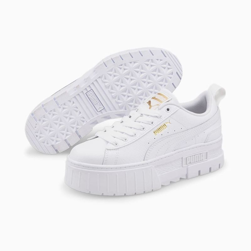 Puma | Girls Mayze Leather Big Kids Sneakers - White-Team Gold