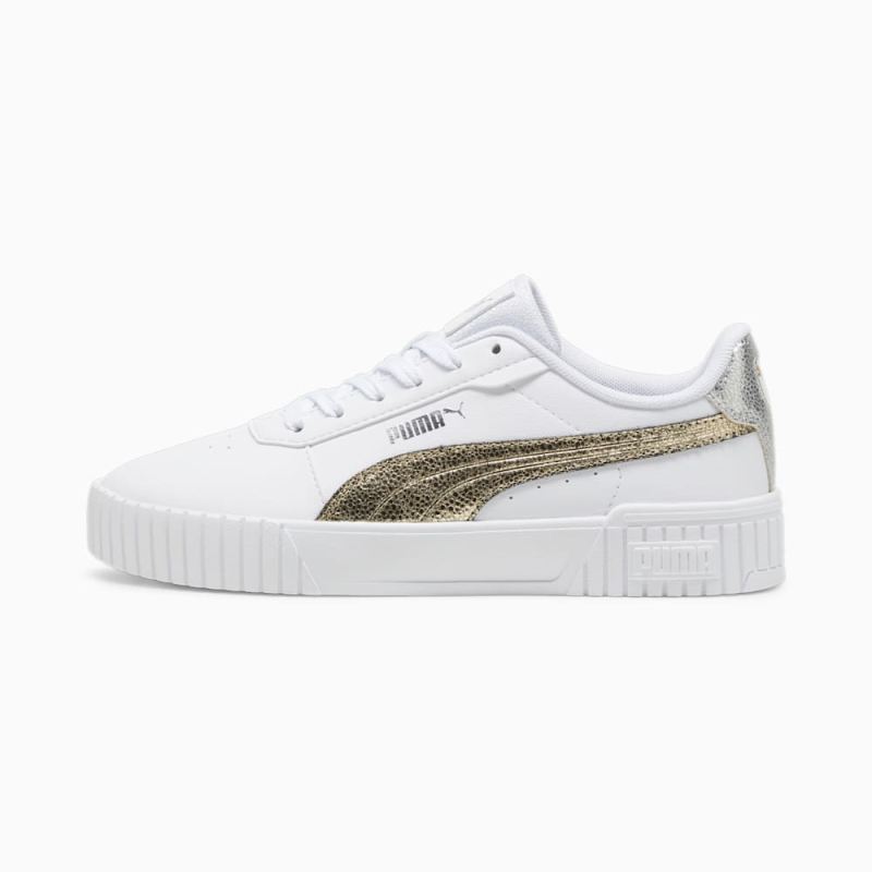 Puma | Women's Carina 2.0 Metallic Shine Sneakers - White-Gold-Silver - Click Image to Close