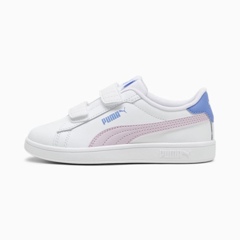 Puma | Girls Smash 3.0 Leather V Little Kids Sneakers - White-Grape Mist-Blue Skies