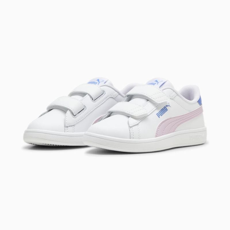 Puma | Girls Smash 3.0 Leather V Little Kids Sneakers - White-Grape Mist-Blue Skies