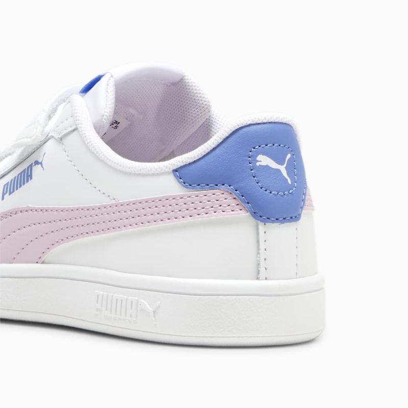 Puma | Girls Smash 3.0 Leather V Little Kids Sneakers - White-Grape Mist-Blue Skies