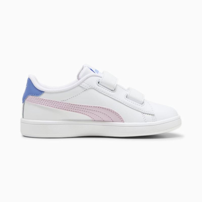 Puma | Girls Smash 3.0 Leather V Little Kids Sneakers - White-Grape Mist-Blue Skies