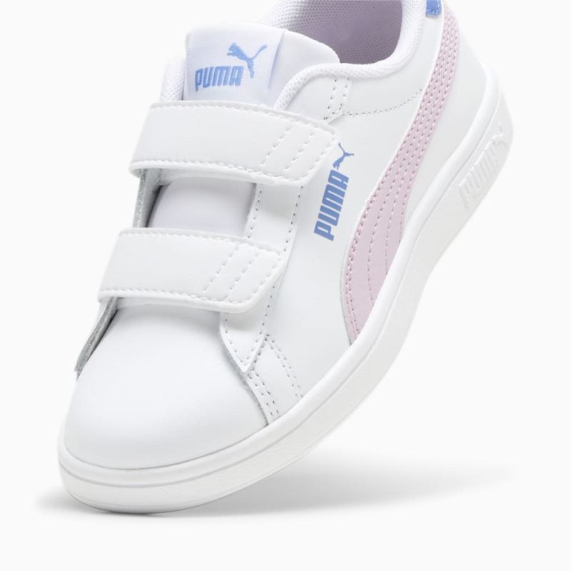 Puma | Girls Smash 3.0 Leather V Little Kids Sneakers - White-Grape Mist-Blue Skies