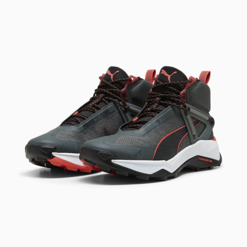 Puma | Men's SEASONS Explore NITRO Mid Hiking Shoes - Mineral Gray-Black-Active Red