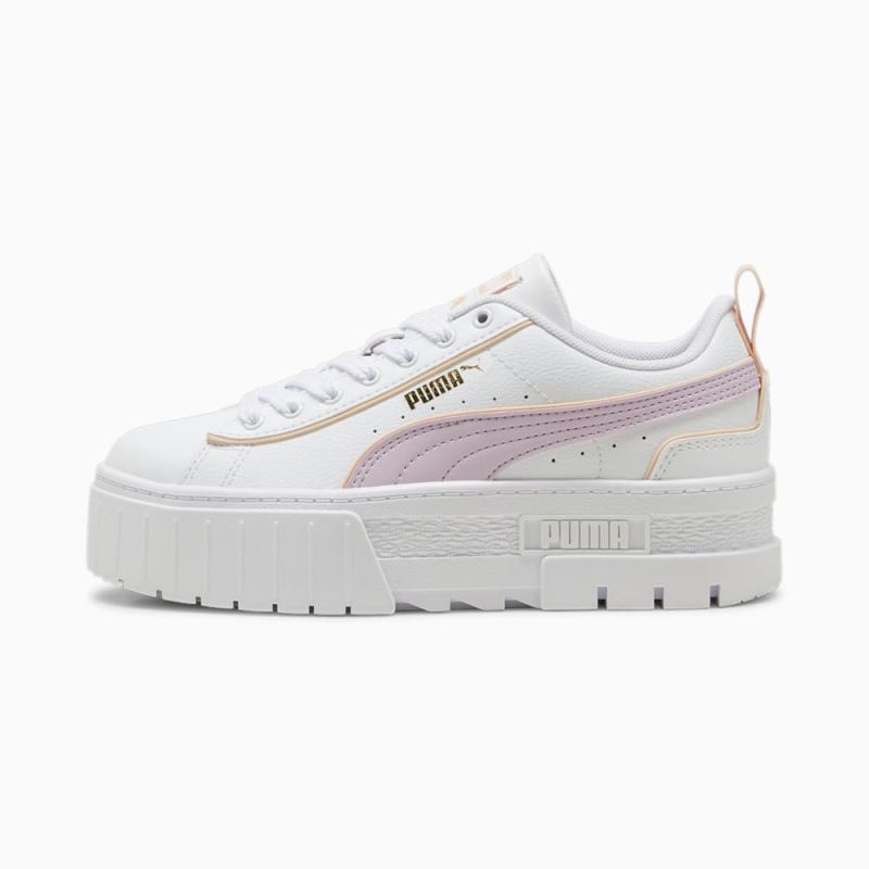 Puma | Girls Mayze Leather Piping Big Kids Sneakers - White-Grape Mist-Peach Fizz - Click Image to Close