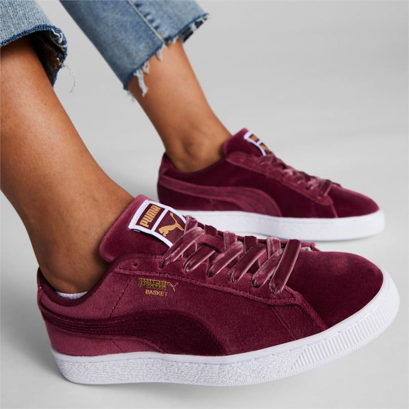 Puma | Women's Basket Classic Velvet Sneakers - Dark Jasper-Team Gold-White