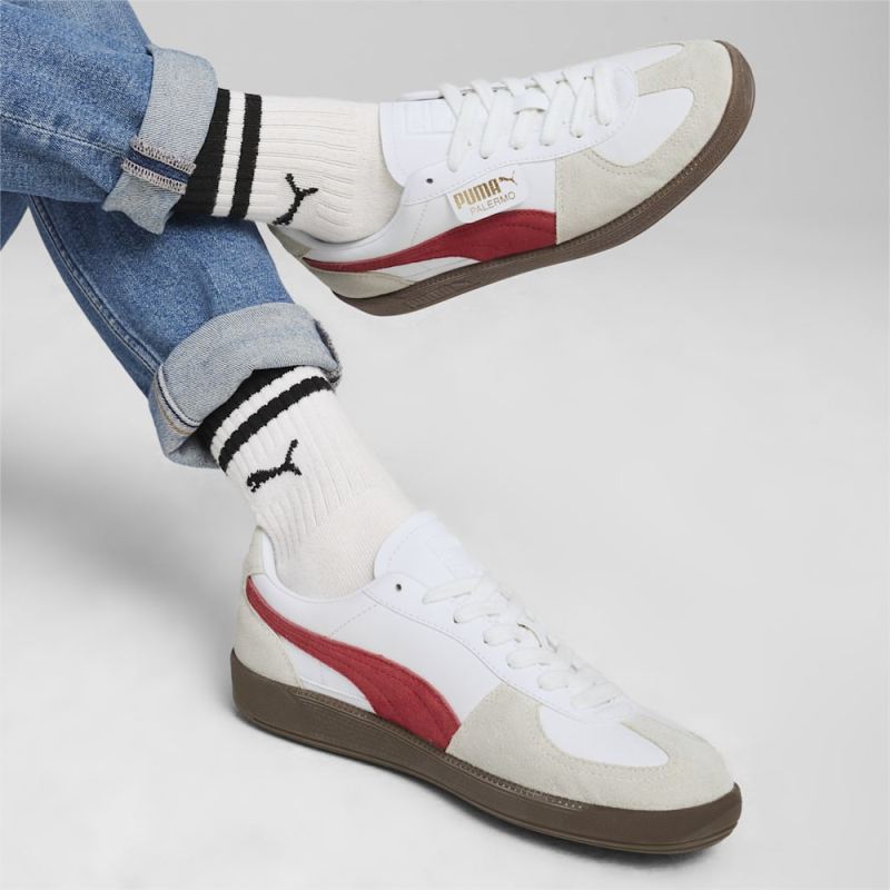 Puma | Men's Palermo Leather Sneakers - White-Vapor Gray-Club Red