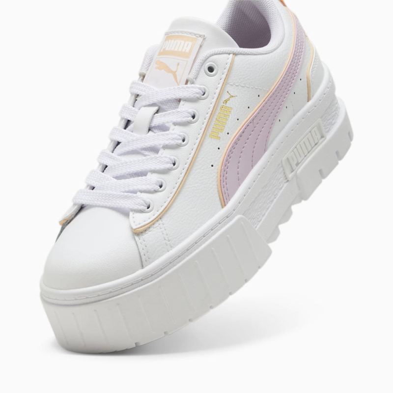 Puma | Girls Mayze Leather Piping Big Kids Sneakers - White-Grape Mist-Peach Fizz