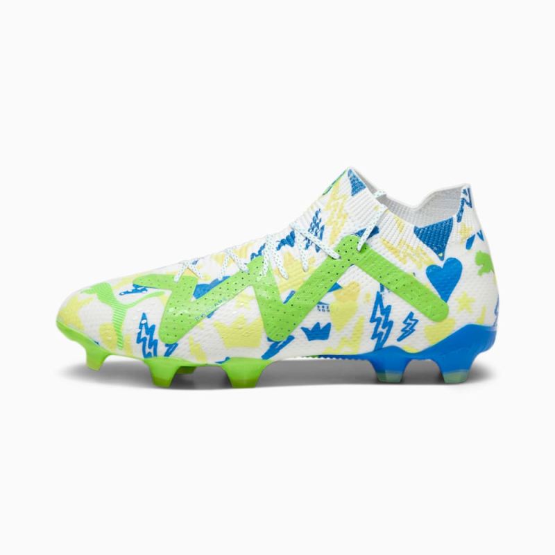 Puma | Men's FUTURE ULTIMATE Neymar Jr FG/AG Soccer Cleats - White-Racing Blue-Lemon Meringue-Parakeet Green