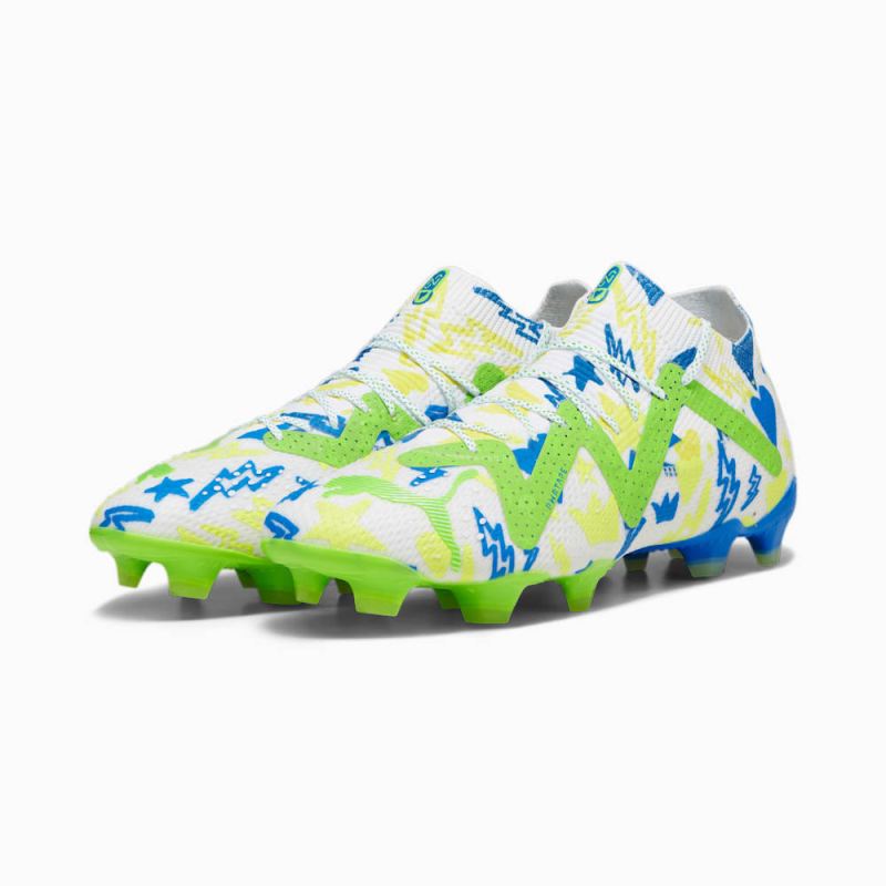 Puma | Men's FUTURE ULTIMATE Neymar Jr FG/AG Soccer Cleats - White-Racing Blue-Lemon Meringue-Parakeet Green