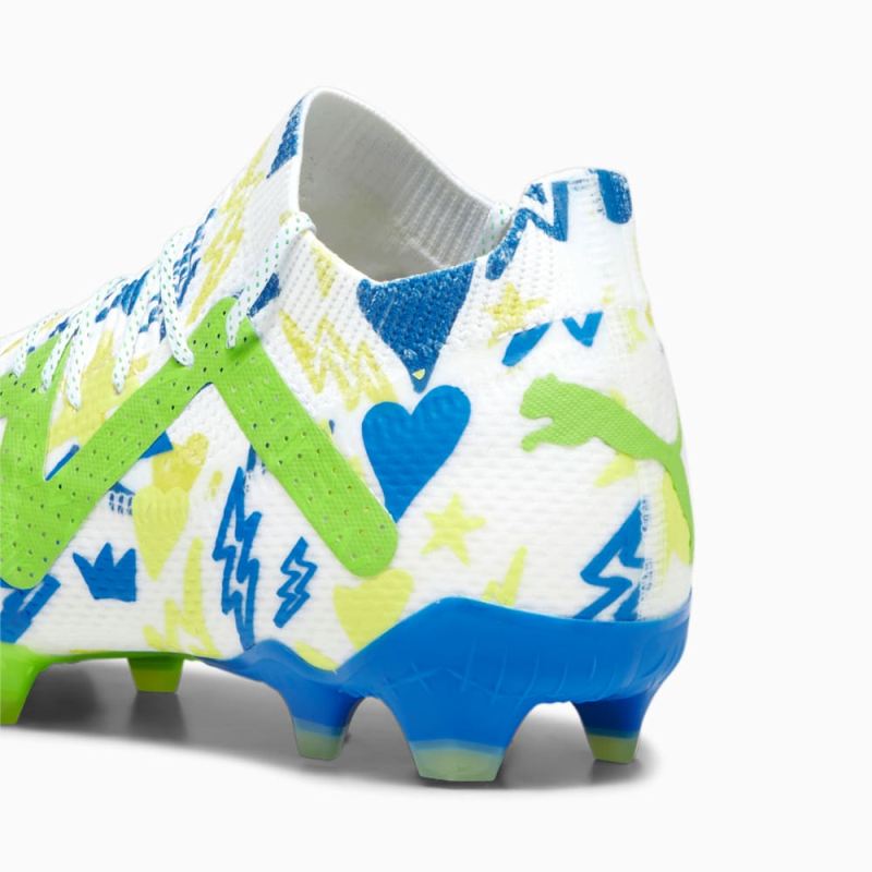 Puma | Men's FUTURE ULTIMATE Neymar Jr FG/AG Soccer Cleats - White-Racing Blue-Lemon Meringue-Parakeet Green