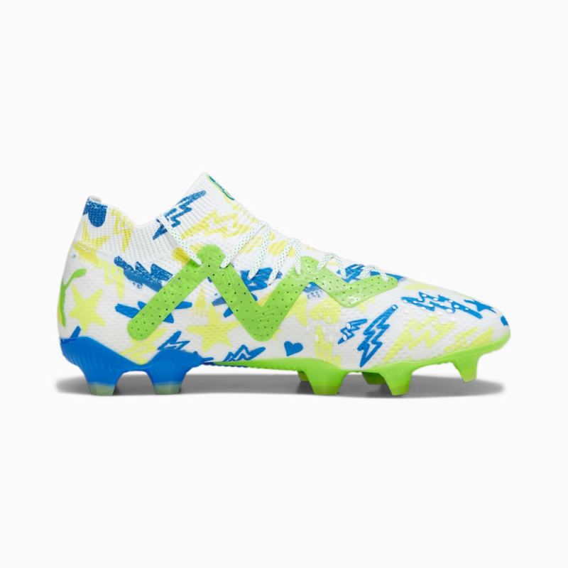 Puma | Men's FUTURE ULTIMATE Neymar Jr FG/AG Soccer Cleats - White-Racing Blue-Lemon Meringue-Parakeet Green