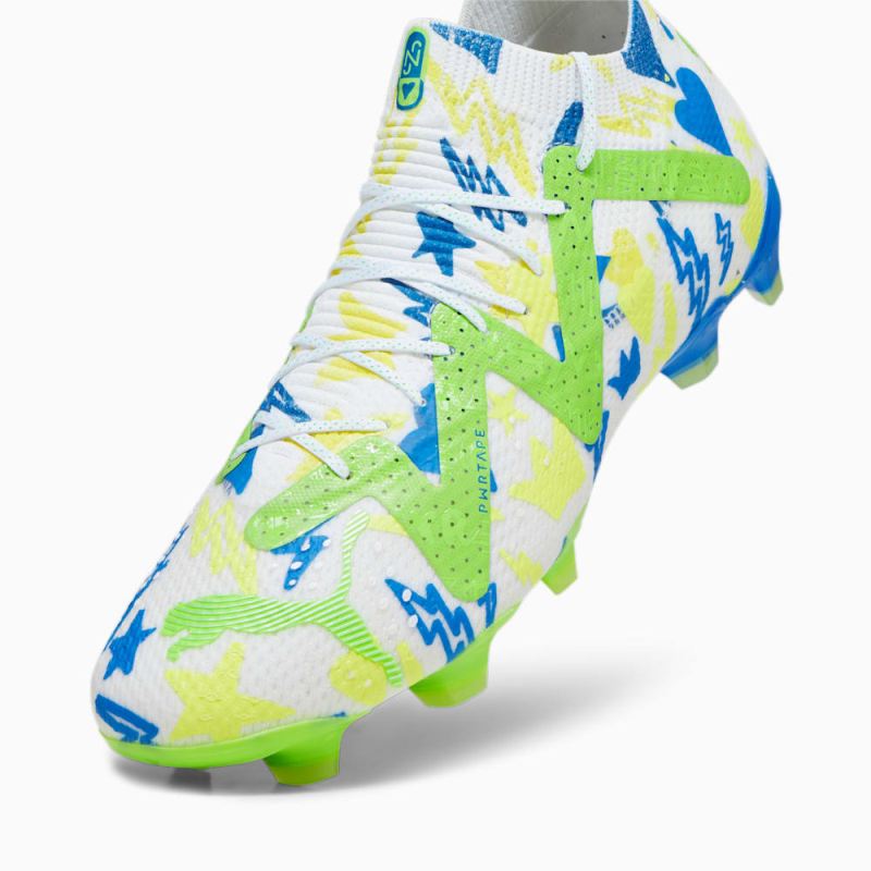 Puma | Men's FUTURE ULTIMATE Neymar Jr FG/AG Soccer Cleats - White-Racing Blue-Lemon Meringue-Parakeet Green